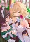  2girls absurdres black_hair blonde_hair blue_eyes blurry blurry_background blush breasts cleavage detached_collar detached_sleeves dress embarrassed eye_contact fang feather_hair_ornament feathers fingerless_gloves flower flower_in_mouth genshin_impact gloves green_dress green_gloves hair_flower hair_ornament highres kabedon katheryne_(genshin_impact) looking_at_another lumine_(genshin_impact) maid_headdress medium_breasts mouth_hold multiple_girls muyuchengfengyh red_flower red_rose rose scarf short_hair_with_long_locks signature skin_fang two-tone_dress white_dress white_flower white_scarf white_sleeves yellow_eyes 