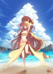  1girl :d absurdres animal_ears arms_up beach bikini blue_sky breasts brown_hair closed_eyes cloud cloudy_sky commentary_request day full_body hat highres horse_ears horse_girl horse_tail long_hair mayano_top_gun_(umamusume) medium_breasts navel outdoors sarong sky smile solo standing standing_on_one_leg starfish straw_hat sun_hat swimsuit tail two_side_up ugwa umamusume very_long_hair water yellow_bikini 