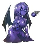  1girl breasts colored_skin commentary english_commentary large_breasts looking_at_viewer monster_girl nyong_nyong purple_skin reference_inset simple_background slime_(creature) slime_girl slimer_(terraria) solo terraria white_background wings 
