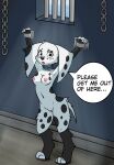  101_dalmatian_street 101_dalmatians absurd_res anonymous_artist anthro bound breasts canid canine canis dialogue disney dolly_(101_dalmatians) domestic_dog female genitals hands_tied hi_res jewelry long_ears mammal necklace nude pussy sad solo string 