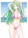  1girl arms_up bikini breasts cameltoe cecilia_(fire_emblem) cleavage collarbone cowboy_shot fire_emblem fire_emblem:_the_binding_blade green_hair groin halterneck ham_pon highres large_breasts long_hair looking_at_viewer navel o-ring o-ring_bikini o-ring_bottom o-ring_top ocean purple_bikini purple_swimsuit simple_background smile solo string_bikini swimsuit 