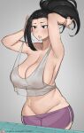  1girl adjusting_hair armpits arms_up asymmetrical_hair bare_shoulders black_eyes black_hair blush bob_(bobtheneet) boku_no_hero_academia breasts clenched_teeth collarbone covered_nipples cowboy_shot grey_background groin high_ponytail highres huge_breasts long_hair matching_hair/eyes midriff nipples patreon_username plump see-through shorts simple_background solo sportswear standing tank_top teeth teeth_hold yaoyorozu_momo 