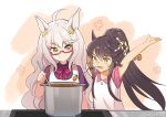  2021 2girls animal_ears apron artist_name biwa_hayahide_(umamusume) black_hair bow bowtie checkered_clothes checkered_shirt cooking curry food glasses grey_hair holding horse_ears horse_girl in_mouth kuzumochi_(kuzumochiya) long_hair multiple_girls narita_brian_(umamusume) open_mouth outstretched_arms pink_shirt ponytail purple_shirt red_bow red_bowtie shirt short_sleeves stove umamusume white_apron yellow_eyes 