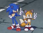  2boys animal_ears blue_eyes blue_fur fox_ears fox_tail fronkus123 gloves green_eyes hedgehog_ears hedgehog_tail highres index_finger_raised multiple_boys multiple_tails open_mouth quill red_footwear road shoes sneakers socks sonic_(series) sonic_the_hedgehog sonic_the_hedgehog_(ova) sonic_the_hedgehog_2_(film) street tail tails_(sonic) teeth two_tails v white_gloves white_legwear yellow_fur 