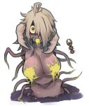  1girl ahoge breasts burrowing clinger_(terraria) colored_nipples commentary english_commentary fangs green_eyes grey_hair hair_over_one_eye large_breasts long_hair looking_at_viewer mandibles monster_girl nude nyong_nyong personification poison reference_inset saliva simple_background solo tentacles terraria white_background worm worm_girl 