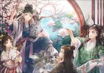  1girl 3boys :d animal black_headwear blonde_hair blue_robe branch brown_hair calico chinese_clothes coat fish flower green_robe guan_hat hair_between_eyes hair_bun hair_flower hair_ornament hair_pulled_back hair_stick hair_tubes hakusai_(tiahszld) hand_up hanfu headband highres holding holding_animal holding_paintbrush holding_vase indoors leaf leg_warmers light_brown_hair long_hair long_sleeves looking_at_another looking_at_viewer looking_away looking_to_the_side lotus moon_gate multiple_boys one_hundred_scenes_of_jiangnan paintbrush paintbrush_hair_ornament painting_(object) pink_flower pointing pointing_at_another pond profile sash scroll shelf shen_zhou sidelocks single_hair_bun sitting sleeves_rolled_up smile standing through_screen vase wide_sleeves yellow_flower 
