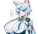 1girl absurdres animal_ears blue_eyes blush breasts cleavage colored_skin fox_ears hair_censor highres huge_breasts humanoid_robot joints light_blue_hair long_hair metal_skin neun_99 robot robot_joints robot_neoanthropinae_polynian short_hair short_hair_with_long_locks simple_background solo upper_body white_background white_skin 