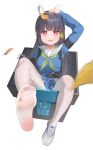  1girl absurdres arm_up arrow_(symbol) autumn_leaves bangs black_hair blue_archive blue_serafuku blue_shirt blue_skirt commentary_request feet foot_focus foreshortening headgear highres in_container leaf leaf_on_head long_hair long_sleeves looking_at_viewer miyu_(blue_archive) mr_ito no_shoes open_mouth pantyhose pleated_skirt recycling_symbol red_eyes sailor_collar school_uniform serafuku shirt shoes simple_background single_shoe skirt soles solo toes very_long_hair wavy_mouth white_background white_footwear white_legwear white_sailor_collar 