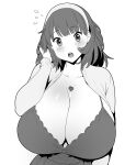  1girl absurdres blush breasts cardigan cleavage dress erkaz greyscale hairband heart heart_necklace highres huge_breasts looking_at_viewer medium_hair monochrome open_mouth original rina_atherina white_background white_hairband 