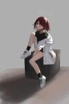  1girl arknights between_legs black_shirt black_shorts black_socks cube exusiai_(arknights) grey_background hair_over_one_eye halo hand_between_legs highres icyee jacket looking_at_viewer open_clothes open_jacket red_eyes red_hair shirt short_hair shorts simple_background sitting smile solo white_footwear white_jacket 