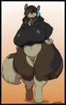  anthro belly big_breasts black_nose black_sclera blush bottomless breasts brown_body brown_fur canid canine canis clothed clothing collar curvy_figure deonwolf ear_piercing female fluffy fluffy_tail front_view fur genitals gradient_background hair hair_over_eye hands_on_hips hi_res hoodie leg_markings looking_forward mammal markings multicolored_body multicolored_fur navel one_eye_obstructed overweight overweight_female paws piercing pussy simple_background smile socks_(marking) solo strutting thick_thighs topwear voluptuous walking wide_hips wolf yellow_eyes zivora_teyo 