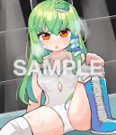  1girl bangs blue_footwear boots commission green_hair hair_ornament knee_pads kochiya_sanae long_hair looking_at_viewer one-piece_swimsuit open_mouth orange_eyes sample_watermark sitting skeb_commission solo sweat swimsuit touhou touhou_tag_dream v-shaped_eyebrows white_swimsuit wrestling_outfit wrestling_ring yamase 