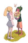  1boy 1girl blonde_hair blush braid closed_eyes commentary_request cutiefly dark-skinned_male dark_skin flower full-face_blush grass green_hair hands_up hau_(pokemon) holding holding_flower lillie_(pokemon) long_hair orange_footwear pink_legwear pleated_skirt pokemon pokemon_(creature) pokemon_(game) pokemon_sm sarami_(sa_rami30) shoes short_sleeves skirt socks standing white_footwear white_skirt 