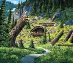 absurdres arch bird blue_flower blue_sky cabin commentary day door espen_olsen_saetervik flower forest grass highres mountain mountainous_horizon nature no_humans original path rock scenery sky stained_glass stairwell tree wood wood_art 