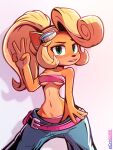  3:4 activision anthro belt bottomwear bra clothing coco_bandicoot crash_bandicoot_(series) crossxvii eyewear female fur gesture goggles hi_res panties pants solo suggestive underwear v_sign video_games wide_hips 