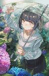  1girl bangs black_hair black_skirt breasts collarbone flower frog highres holding holding_umbrella hydrangea long_sleeves nik_ibi open_mouth original outdoors plant sailor_collar shirt short_hair skirt small_breasts solo umbrella white_shirt 