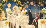  2boys 3girls alternate_costume balloon black_suit blonde_hair blue_dress blue_eyes bouquet bow bowtie braid bridal_veil brown_eyes brown_hair cake candle collared_shirt couple cover cover_page cup dark_blue_hair dress dress_shirt drinking_glass evening family fang female_child fire_flower_(vocaloid) fireworks flower food formal fruit hair_between_eyes high_heels husband_and_wife if_they_mated ixima kagamine_len kagamine_rin kaito_(vocaloid) looking_at_viewer medium_hair meiko multiple_boys multiple_girls necktie novel_cover official_art orange_(fruit) orange_flower orange_rose orange_slice pants red_dress red_footwear ribbon rose see-through shirt short_hair sitting sitting_on_person smile spiked_hair standing suit suit_jacket textless_version tuxedo veil vocaloid wedding wedding_cake wedding_dress white_bow white_bowtie white_dress white_flower white_necktie white_pants white_rose white_shirt white_suit yellow_bow yellow_flower yellow_ribbon yellow_rose 