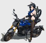  1girl absurdres animal_ear_fluff animal_ears artist_name bare_shoulders black_gloves black_hair boots breasts bullpup cat_ears cat_tail full_body gloves grey_background ground_vehicle gun hair_ornament hair_over_one_eye highleg highleg_leotard highres honda jacket kare_huang large_breasts leotard looking_at_viewer motor_vehicle motorcycle original p90 pantyhose shadow shiny shiny_clothes shiny_hair shiny_skin short_hair shorts signature simple_background smile solo submachine_gun tail weapon weapon_on_back yellow_eyes 