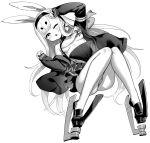  1girl animal_ears azur_lane azur_lane:_slow_ahead bare_shoulders blush breasts full_body greyscale headband highres hori_(hori_no_su) jacket knees_together_feet_apart long_hair monochrome one_eye_closed open_clothes open_jacket open_mouth pleated_skirt rabbit_ears rabbit_girl shimakaze_(azur_lane) skirt sleeves_past_wrists small_breasts underboob 