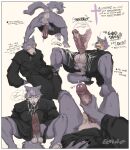  anthro anus balls beastars big_balls big_penis blush bodily_fluids border bottomless bulge butt canid canine canis clothed clothing cum cum_on_face cum_on_self english_text erokaiga eyes_closed eyewear feet fur genital_fluids genitals glasses grey_body grey_fur hi_res holy_symbol legoshi_(beastars) looking_pleasured male mammal masturbation pastor penis soles solo sweat text white_border wolf 