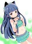  1girl :o animal_ears bangs bikini blue_background blue_hair blush braid cat_ears clenched_hands collarbone commentary_request covered_navel dot_nose fake_animal_ears flat_chest frilled_hairband frilled_swimsuit frills green_bikini hairband hands_up highres idolmaster idolmaster_cinderella_girls lemonpan666 long_hair looking_at_viewer navel parted_lips paw_pose red_eyes sajo_yukimi solo sparkle swimsuit swimsuit_skirt thighs 