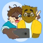  anthro canid canine canis duo kounosuke_(morenatsu) male male/male mammal morenatsu phone raccoon_dog selfie shun_(morenatsu) slightly_chubby smile tanuki teenager vicky_art video_games visual_novel wolf young 