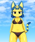  2022 animal_crossing ankha_(animal_crossing) anthro bikini black_bikini black_bikini_bottom black_bikini_top black_clothing black_eyes black_swimwear blue_ears blue_hair blue_sky blue_tail butt_from_the_front clothed clothing cloud collarbone domestic_cat felid feline felis female front_view fur hair hi_res humanoid_face mammal midriff nintendo sky solo sum swimwear two_tone_tail video_games yellow_body yellow_breasts yellow_fur yellow_inner_ear yellow_tail 