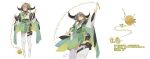  1girl alternate_costume animal_ears arknights artist_name bangs black_bag brown_hair cape chinese_text cow_ears cow_girl cow_horns crossed_bangs flower green_cape green_ribbon green_skirt hair_flower hair_ornament hair_tubes hand_up highres holding holding_needle horns long_hair long_sleeves looking_at_viewer multiple_views needle no_shoes oversized_object pallas_(arknights) qingpu_liang ribbon shirt simple_background skirt thigh_pouch translation_request watermark weibo_logo weibo_username white_background white_shirt white_thighhighs yarn yarn_ball yellow_flower 