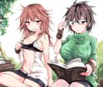  2girls arm_behind_back arm_support aussa_the_earth_charmer bandeau_lift bangs bare_shoulders black_bandeau black_shorts black_skirt blush book book_stack bookmark breasts brown_eyes brown_hair cleavage collarbone commentary_request cowboy_shot day duel_monster glasses green_sweater hair_between_eyes hand_up highres hiita_the_fire_charmer holding holding_book holding_eyewear hot kuromiko_shoujo large_breasts long_hair looking_at_viewer miniskirt multiple_girls navel open_book open_clothes open_mouth open_shirt panties red_eyes red_hair ribbed_sweater shirt short_hair short_shorts shorts sidelocks sitting skirt sleeveless sleeveless_shirt sleeves_rolled_up small_breasts staff stomach sweat sweater turtleneck underwear white_panties white_shirt wristband yu-gi-oh! 