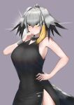  1girl absurdres bangs bird bird_tail bird_wings black_dress black_hair black_skirt breasts dress feathered_wings grey_hair hair_between_eyes hand_on_own_chin head_wings highres john_(a2556349) kemono_friends kemono_friends_3 large_breasts long_hair multicolored_hair orange_hair shoebill shoebill_(kemono_friends) sidelocks skirt sleeveless sleeveless_dress solo stroking_own_chin tail thinking tsurime wings 