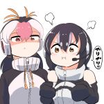  2girls angry animal_costume closed_mouth elbow_gloves gloves headphones highres humboldt_penguin_(kemono_friends) kemono_friends kemono_friends_v_project long_hair mcgunngu microphone multicolored_hair multiple_girls penguin_costume red_eyes royal_penguin_(kemono_friends) shirt short_hair simple_background sleeveless sleeveless_shirt twintails virtual_youtuber white_background yellow_eyes 