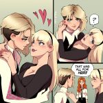  3girls ? artist_name blonde_hair blue_eyes blush bodysuit breasts cleavage ear_blush english_text eyebrow_piercing gwen_stacy marvel mary_jane_watson multiple_girls orange_hair parody piercing scene_reference short_hair spider-gwen spider-man:_into_the_spider-verse spider-man_(series) spider-man_3 spoken_question_mark talt_lo teeth undercut yuri 