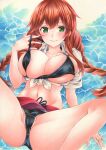  bikini bikini_pull bikini_under_clothes black_bikini breasts cameltoe clothes_pull green_eyes highres kantai_collection large_breasts looking_at_viewer marker_(medium) noshiro_(kancolle) open_clothes open_shirt red_hair saya_pr skindentation spread_legs swimsuit traditional_media twintails upskirt water 