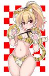  1girl :&lt; absurdres ahoge andou_tazusa animal_ear_fluff animal_ears animal_hands animal_print assault_lily bangs bare_shoulders bikini black_choker blonde_hair blush breasts checkered_background choker cleavage closed_mouth cowboy_shot criss-cross_halter fake_animal_ears fake_tail gloves groin hair_between_eyes hairband halterneck hands_up head_tilt high_ponytail highres looking_at_viewer medium_hair navel paw_gloves paw_pose ponytail print_bikini print_hairband red_background red_eyes sketch small_breasts solo standing stomach swimsuit tail thigh_gap tiger_ears tiger_paws tiger_print tiger_tail white_background wide_hips yellow_bikini yellow_hairband yunodon_(sugar_maple) 