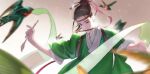  1boy beak_hold bird brown_hair chinese_clothes green_ribbon green_robe green_theme hair_bun hair_ornament hair_pulled_back hanfu headband highres holding holding_paintbrush light_particles long_sleeves looking_away looking_down male_focus motion_blur mouth_hold one_hundred_scenes_of_jiangnan outstretched_arms paintbrush paintbrush_hair_ornament painting_(action) ribbon scroll shen_zhou single_hair_bun tasuki updo upper_body wide_sleeves yu1lan2 