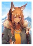  1girl 3_(sanyako1) absurdres animal_ears arknights blue_sky border braid brown_eyes brown_hair day fur-trimmed_jacket fur_trim grey_jacket hand_up headphones highres implied_extra_ears jacket jewelry long_hair looking_at_viewer mountainous_horizon multiple_rings necklace open_clothes open_jacket orange_shirt outdoors pearl_necklace ratatos_browntail_(arknights) ring shirt sky smile solo squirrel_ears squirrel_girl upper_body white_border 