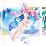  1girl absurdres ahoge bangs barefoot beach bikini blue_archive blue_eyes blue_sky blurry blurry_background blurry_foreground blush breasts cloud collarbone day depth_of_field eyewear_on_head feet goggles goggles_on_head hair_between_eyes hair_ornament heterochromia highres horizon hoshino_(blue_archive) innertube jacket long_hair looking_at_viewer manic_shd navel ocean open_mouth outdoors palm_leaf palm_tree pink_hair sand sky smile solo standing sunglasses swimsuit swimsuit_under_clothes tinted_eyewear tree twintails very_long_hair water white_bikini yellow_eyes 