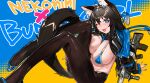 1girl ;) absurdres animal_ears blue_eyes blush bullpup cat_ears detached_collar fox_tail full_body gun high_heels highres kare_huang latex_jacket looking_at_viewer meme_attire one_eye_closed open_mouth original pantyhose reverse_bunnysuit reverse_outfit smile tail weapon 