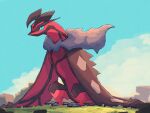  blue_eyes bright_pupils commentary_request day grey_fur highres nisannka_koubo no_humans outdoors pokemon pokemon_(creature) sky solo standing talons white_pupils yveltal 