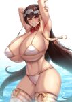  1girl arm_behind_head arm_up armpits bangs bare_shoulders bead_necklace beads bikini breasts bridal_gauntlets brown_hair cleavage detached_sleeves earrings fate/grand_order fate_(series) grin hair_between_eyes headpiece highres hoop_earrings huge_breasts jewelry kanno_takanori long_hair looking_at_viewer navel necklace one_eye_closed prayer_beads red_eyes smile solo swimsuit thighhighs thighs wading water wet white_bikini white_legwear xuangzang_sanzang_(fate) 