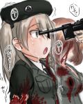  2girls at_gunpoint azumi_(girls_und_panzer) blood blood_on_clothes blood_on_face blood_splatter breasts bullet_hole commentary_request corpse crying death emblem girls_und_panzer gun gun_to_head handgun hat headshot injury irb_jp japanese_tankery_league_(emblem) multiple_girls selection_university_military_uniform shimada_arisu tears torn_clothes torn_sleeves translation_request weapon 