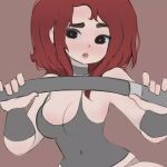  big_eyes breasts choker cleavage confused electricity katana mcintosh_draws original pale_skin red_hair see-through singlet sword thick_eyebrows thick_lips thick_thighs thighs weapon 