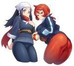  2girls akari_(pokemon) arezu_(pokemon) arm_behind_back ass bangs black_hair black_sash black_shirt blush brown_bag closed_mouth commentary_request cowlick elomil eyelashes grey_eyes grey_jacket grey_skirt hand_up head_scarf highres holding holding_poke_ball jacket long_hair long_sleeves multiple_girls orange_legwear pantyhose poke_ball poke_ball_(legends) pokemon pokemon_(game) pokemon_legends:_arceus ponytail red_eyes red_hair red_scarf sash scarf shirt short_hair sidelocks skirt smile white_background white_headwear 