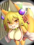  absurd_res anthro big_breasts blonde_hair blush breasts brown_body brown_fur canid canine cheek_tuft cleavage clothed clothing cute_fangs dipstick_ears dipstick_tail facial_tuft faroula_twitt female fisheye_lens fox fur hair happy hi_res inner_ear_fluff looking_at_viewer mammal markings multicolored_body multicolored_ears multicolored_fur nipple_outline open_mouth open_smile orange_body orange_fur pupils slit_pupils smile solo tail_markings tongue translated_description tuft white_body white_fur 