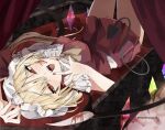  1girl bangs blonde_hair blood coffin crystal curtains flandre_scarlet gomashiopappa_k hat hat_ribbon highres indoors looking_at_viewer lying mob_cap on_back one_side_up open_mouth red_eyes red_nails red_ribbon red_skirt ribbon short_sleeves skirt solo tail teeth touhou twitter_username upper_teeth white_headwear wings 