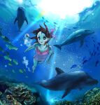  1girl bow brown_hair camisole commentary_request coral_reef dolphin eon_(greencastle) fish full_body hair_bow light_rays medium_hair ocean open_mouth original pink_bow pink_camisole purple_eyes school_of_fish solo swimming underwater water 
