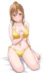  1girl alternate_hairstyle bangs barefoot bed_sheet bikini blush breasts brown_eyes brown_hair closed_mouth collarbone commentary_request full_body hair_between_eyes hand_up highres kunikida_hanamaru large_breasts looking_at_viewer love_live! love_live!_sunshine!! navel ponytail side-tie_bikini sidelocks simple_background sitting smile solo stomach swimsuit thighs toes white_background yellow_bikini yopparai_oni 
