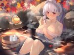  1girl @_@ absurdres autumn_leaves azur_lane bangs blush breasts bucket cleavage closed_mouth cup dido_(azur_lane) grey_hair highres holding holding_cup kanno_esuto knees_up large_breasts long_hair looking_away manjuu_(azur_lane) naked_towel onsen partially_submerged ponytail red_eyes rock sitting solo towel towel_on_head water wet 