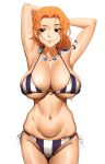  1girl absurdres arms_behind_head bikini breasts cropped_legs english_commentary highres kevbot large_breasts nami_(one_piece) navel one_piece shiny shiny_skin shoulder_tattoo simple_background smile striped striped_bikini swimsuit tattoo thighd white_background 