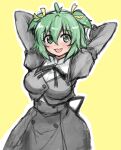  1girl :d absurdres antenna_hair arms_behind_head arms_up assault_lily bangs black_ribbon black_skirt blush breasts cowboy_shot cropped_jacket fang green_eyes green_hair hair_between_eyes hair_ribbon high-waist_skirt highres juliet_sleeves large_breasts long_sleeves looking_at_viewer neck_ribbon open_mouth outline puffy_sleeves ribbon school_uniform short_hair simple_background sketch skirt smile solo standing two_side_up white_outline yellow_background yellow_ribbon yoshimura_thi_mai yunodon_(sugar_maple) yurigaoka_girls_academy_school_uniform 